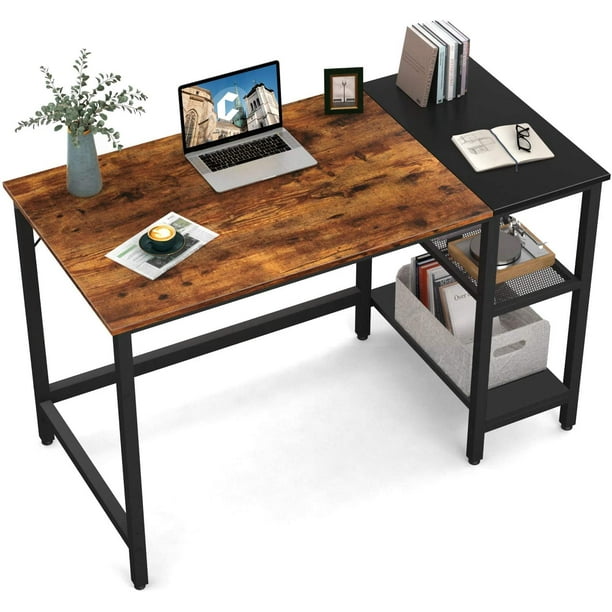 47 Inch Rustic Industrial Desk with Storage Shelves Black CARRVAS Computer Desk Study Table with Power Outlets Sturdy Wooden Metal Frame Study Writing Desk for Home Office 